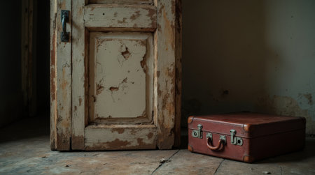 Old wooden door with cracked paint and a vintage suitcase in an abandoned roomの素材