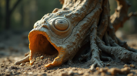 This unusual tree stump features a design that mimics a fish with a wide-open mouth. Sunlight filters through the trees, illuminating the scene.の素材