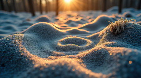 Sunlight filters through trees at dawn, illuminating a snowy landscape and highlighting distinctive patterns in the snow.の素材