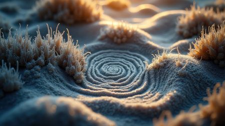 Frost-covered sand reveals intricate swirling patterns and tufts of grass at sunrise, showing nature's artistry in winter.の素材