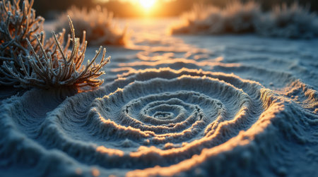 Intricate frost formations create swirling patterns on sand as the sun rises, illuminating the peaceful desert landscape.の素材