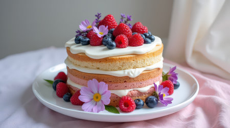 A layered cake with creamy frosting, topped with raspberries, blueberries, and edible flowers for a delightful treat.の素材
