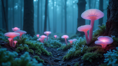 Colorful luminous mushrooms rise from the forest floor, casting an enchanting glow in the misty woods during twilight.の素材