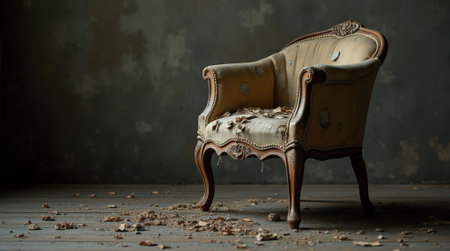 A worn vintage chair sits alone in a dimly lit room, surrounded by dust and decay, evoking a sense of nostalgia and solitude.の素材
