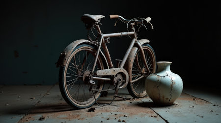 A vintage bicycle covered in rust stands next to a cracked ceramic vase, showcasing a forgotten, nostalgic atmosphere in low light.の素材