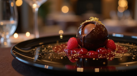 A rich chocolate bomb dessert sits on a black plate, surrounded by raspberry sauce and fresh raspberries, highlighting fine dining elegance.の素材