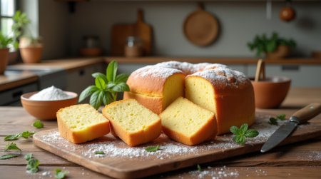 Soft and fluffy Pao de Lo sits on a wooden cutting board, sliced and displayed with fresh mint, ready to be enjoyed.の素材