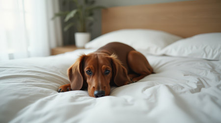 A dachshund rests comfortably on a hotel bed, enjoying a peaceful moment in a cozy room with soft lines.の素材