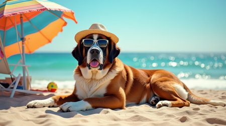 A Saint Bernard relaxes on the sand at the beach, sporting stylish sunglasses and a fashionable beach hat. The ocean sparkles in the background.の素材