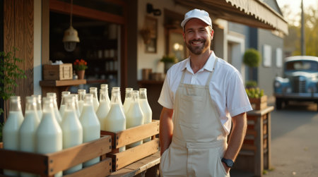 A friendly vendor showcases fresh milk bottles at an outdoor market, enjoying a sunny afternoon and engaging with customers.の素材