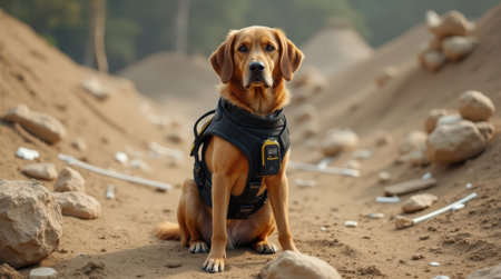 A well-trained dog in a harness sits alert on a gravel path, ready for action in a natural, rocky setting.の素材