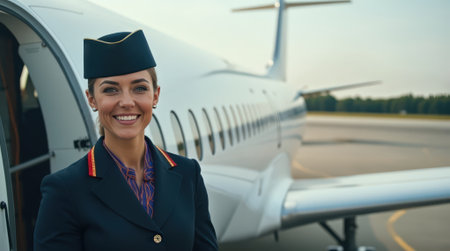 A flight attendant stands next to a small aircraft at a regional airport, ready to assist passengers. Her cheerful demeanor welcomes travelers.の素材