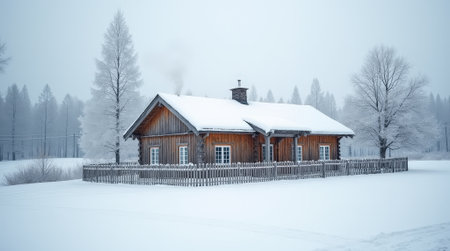 A quaint wooden house sits in a snow-covered field, surrounded by frosty trees on a serene winter day.の素材