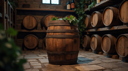 Wooden barrels arranged in a rustic cellar, surrounded by lush green vines, creating a cozy atmosphere perfect for aging wine.の素材
