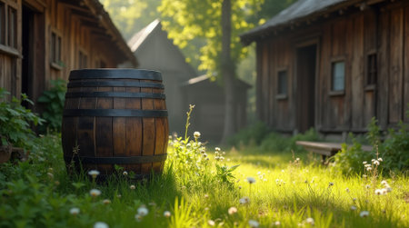 A wooden barrel stands in a vibrant, green village. Sunlight filters through the trees, highlighting nearby rustic buildings.の素材