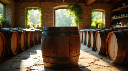 Wooden wine barrels are neatly arranged in a cozy cellar, with sunlight filtering through windows creating a warm ambiance.の素材