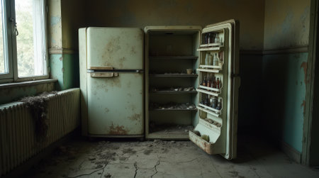 Dust gathers on an old refrigerator with its door ajar, revealing forgotten bottles in a crumbling kitchen filled with decay.の素材