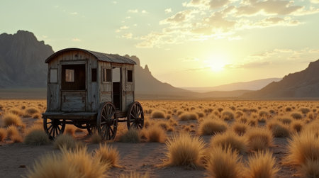 A weathered wooden cart stands alone in a sprawling desert, bathed in golden light as the sun sets behind distant mountains.の素材