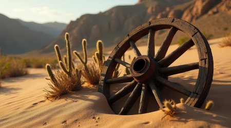 An old wooden wagon wheel rests in the desert sand, surrounded by cacti and rocky mountains in the background during golden hour.の素材