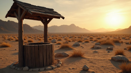 A lonely wooden well is situated in an arid desert, surrounded by rocks and sparse vegetation during sunset.の素材