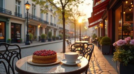 A delicious cake topped with fresh raspberries sits on a table next to a cup of coffee as the sun sets in a quaint street.の素材