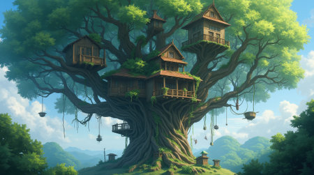 A group of whimsical treehouses is nestled within the branches of a large, sturdy tree.の素材