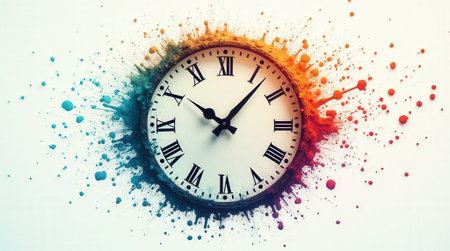 A clock features bold numerals surrounded by vibrant paint splashes, symbolizing the passage of time creatively.の素材