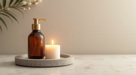 A glass bottle and lit candle rest on a simple stone tray, enhancing a calm and peaceful atmosphere in a cozy setting.の素材