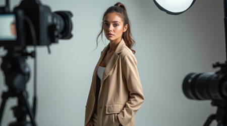 A model stands poised in a stylish outfit, surrounded by cameras and lighting equipment in a modern studio.の素材