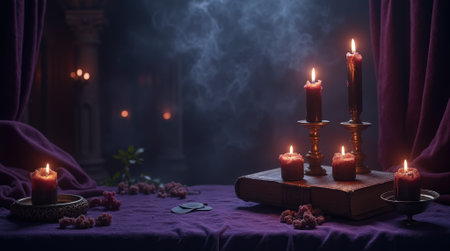 A warmly lit arrangement features several candles on a dark purple cloth with smoke swirling in the air, creating an enchanting atmosphere.の素材