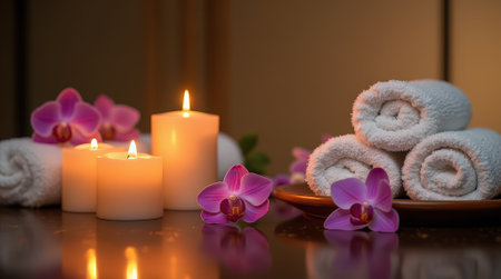 Soft lighting from candles creates a tranquil atmosphere with rolled towels and orchids arranged elegantly on a wooden platter.の素材