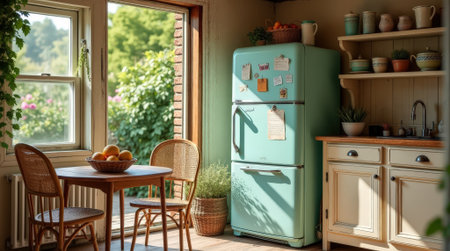 Bright kitchen features a vintage turquoise refrigerator, simple wooden furniture, and abundant greenery throughout.の素材