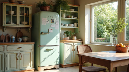 Sunlight floods into a cozy vintage kitchen featuring a green refrigerator, wooden cabinets, and plants arranged on the table.の素材