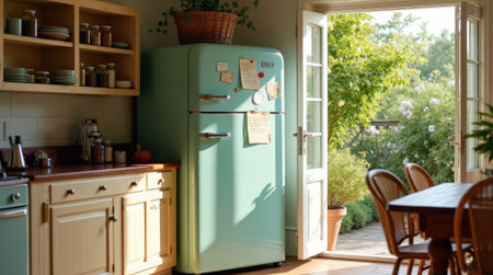Sunlight fills a cozy kitchen featuring a retro refrigerator and an open door leading to a lush garden. The inviting space offers a warm atmosphere.の素材
