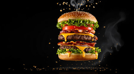 Layered with beef patties, cheese, lettuce, tomatoes, and bacon, this cheeseburger exudes a savory aroma, perfect for food lovers.の素材