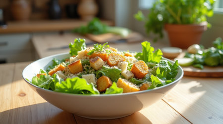 Crisp romaine lettuce, croutons, and cheese are tossed together in a bowl, ready to be enjoyed for lunch. Sunlight fills the cozy kitchen.の素材