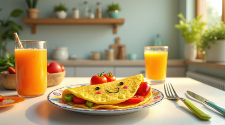 Delicious omelette adorned with vegetables and a smile sits on a table beside refreshing juice in a bright kitchen setting.の素材