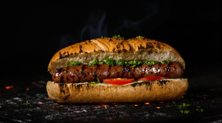 Choripan features a grilled sausage nestled in a crusty roll, topped with fresh herbs and tomatoes, perfect for a satisfying meal.の素材