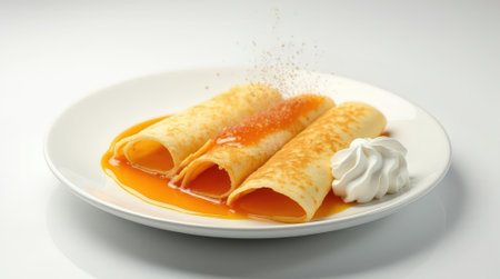Three perfectly rolled crepes suzette are served on a plate, drizzled with sweet orange sauce and topped with a dollop of whipped cream.の素材