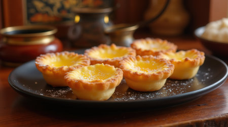Seven golden egg tarts sit on a black plate, showcasing their flaky crusts and creamy fillings, creating a warm culinary ambiance.の素材