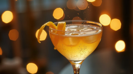 A refreshing French cocktail with a citrus twist is served in an elegant glass, surrounded by soft bokeh lights enhancing the cozy ambiance.の素材