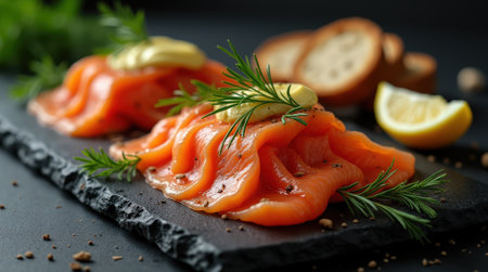 Delicious gravlax features thin slices of Swedish cured salmon, garnished with fresh dill and accompanied by lemon wedges and crisp bread.の素材