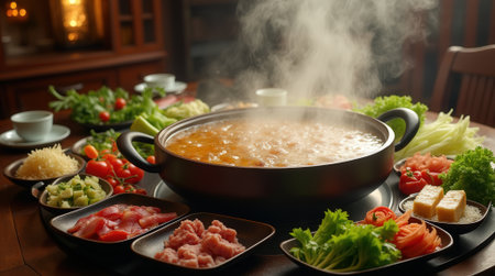 A group gathers around a steaming hot pot filled with broth, various meats, and fresh vegetables on an inviting table.の素材