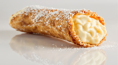 A beautifully crafted Italian cannoli with a crispy shell and creamy filling, dusted with powdered sugar, perfect for dessert lovers.の素材