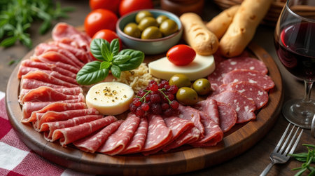 A colorful antipasto platter showcases a variety of cured meats, cheeses, olives, and fresh tomatoes, offering a taste of Italy.の素材