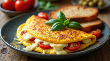 A vibrant omelet filled with tomatoes and creamy cheese sits alongside slices of toasted bread, garnished with fresh basil, created in a cozy kitchen.の素材