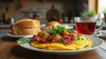 A hearty meal features a fluffy omelet topped with fried potatoes and bacon, complemented by a warm cup of tea in a bright kitchen.の素材
