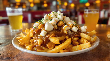 A hearty serving of poutine with fries, cheese curds, and gravy is displayed on a table alongside refreshing drinks in a restaurant.の素材