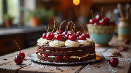 Layered chocolate cake and cherries with whipped cream, elegantly topped with more cherries in a cozy kitchen.の素材