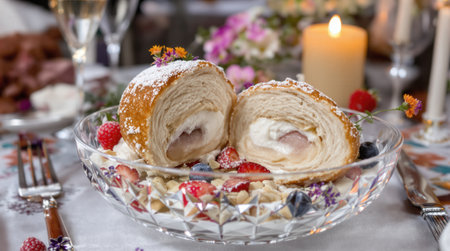 A tempting Swedish Semla is presented in a glass bowl, adorned with fresh berries and delicate flowers, perfect for a festive gathering.の素材